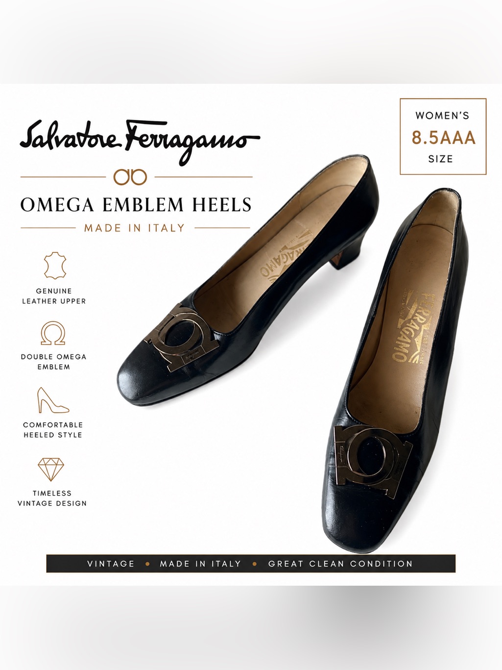Ferragamo Black Leather Omega Emblem Heels Women’s Size 8.5 Aaa